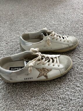 Golden Goose White Leather Sneakers with Gold Glitter Star